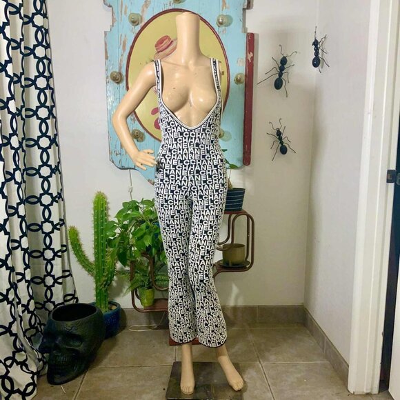RARE CHANEL 2019 Runway Logo Jacquard Plunge Neck Bell Bottom Jumpsuit - Picture 1 of 7